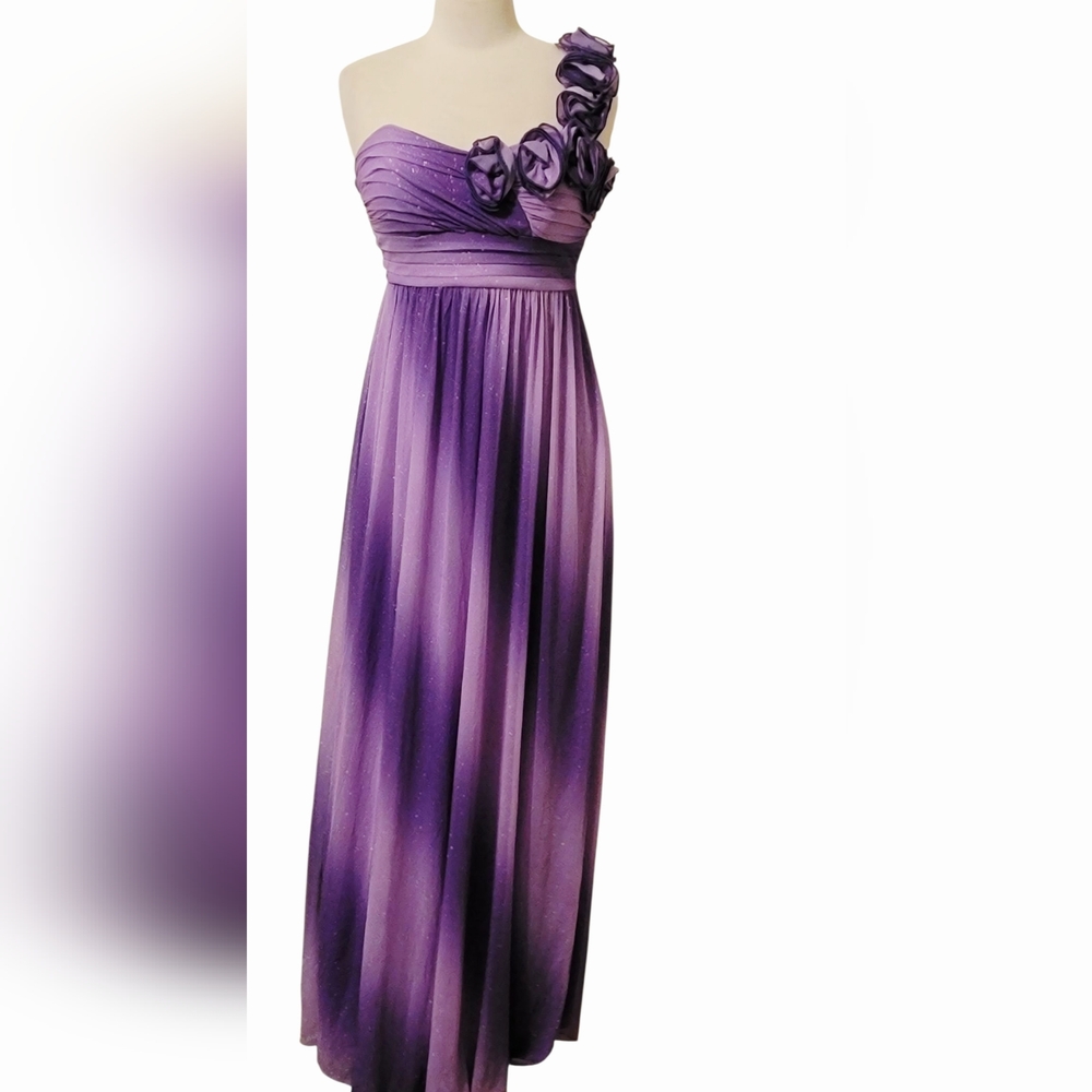 City Triangles Shimmer Rose Floral Pleated Bridal Formal One Shoulder Maxi Dress